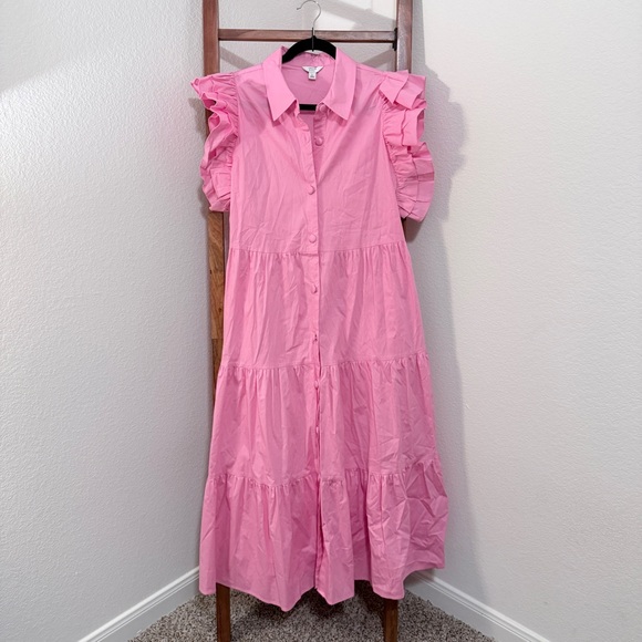 crown & ivy Dresses & Skirts - Crown & Ivy Pink Tiered Button Down Ruffled Sleeve Cotton Maxi Dress Size LG 🩷